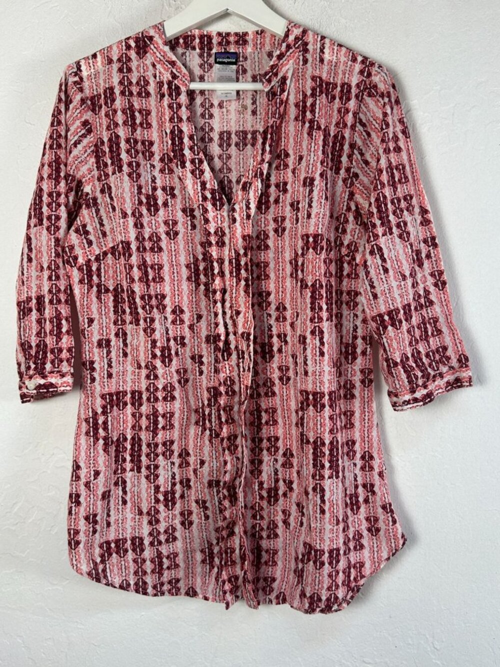 Patagonia Womens Sedum Pullover Tunic Top Size 10 Coyote Blocks Coral 3/4 Sleeve